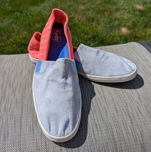 Keds Slip On Sneakers, Coral Stripe And Blue Pineapple Print, Size 9